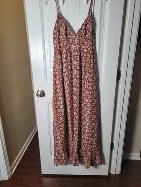 Papaya Rust Floral Spaghetti-Strap Maxi Dress